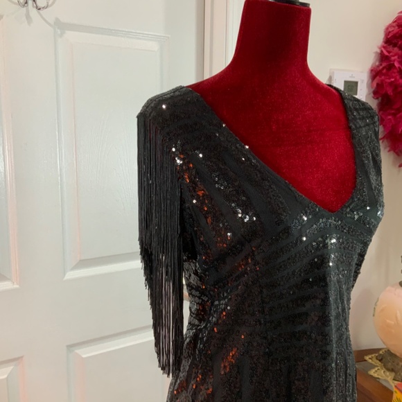 Capuffy Sequin Black Fringe Party Bodycon Mini Dress Size Large - Picture 5 of 10